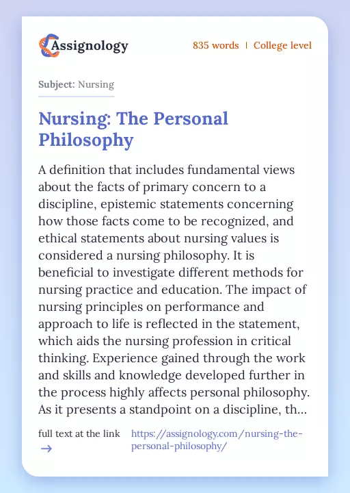 Nursing: The Personal Philosophy - Essay Preview