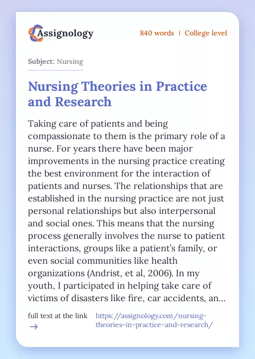Nursing Theories in Practice and Research - Essay Preview