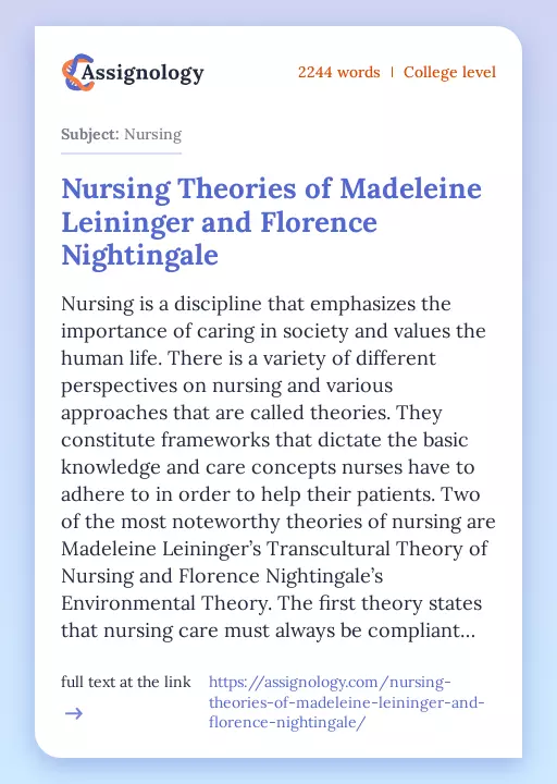 Nursing Theories of Madeleine Leininger and Florence Nightingale - Essay Preview