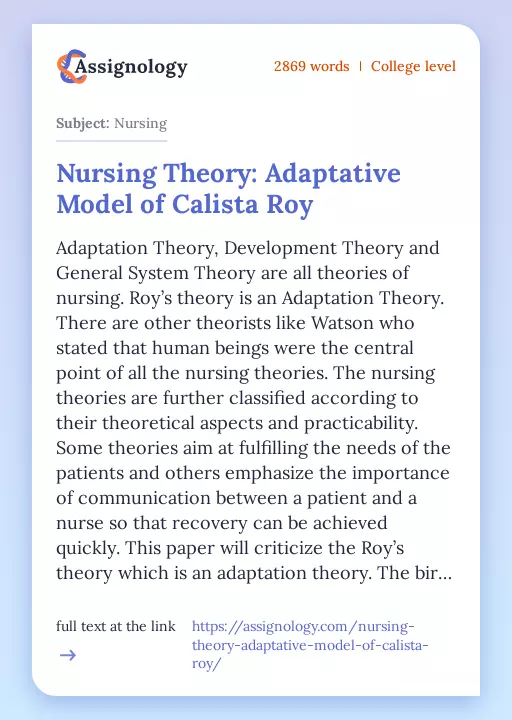 Nursing Theory: Adaptative Model of Calista Roy - Essay Preview