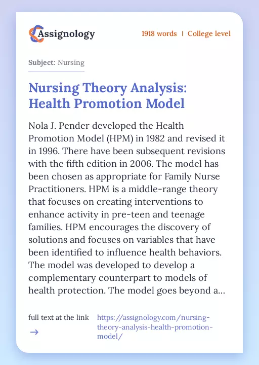 Nursing Theory Analysis: Health Promotion Model - Essay Preview
