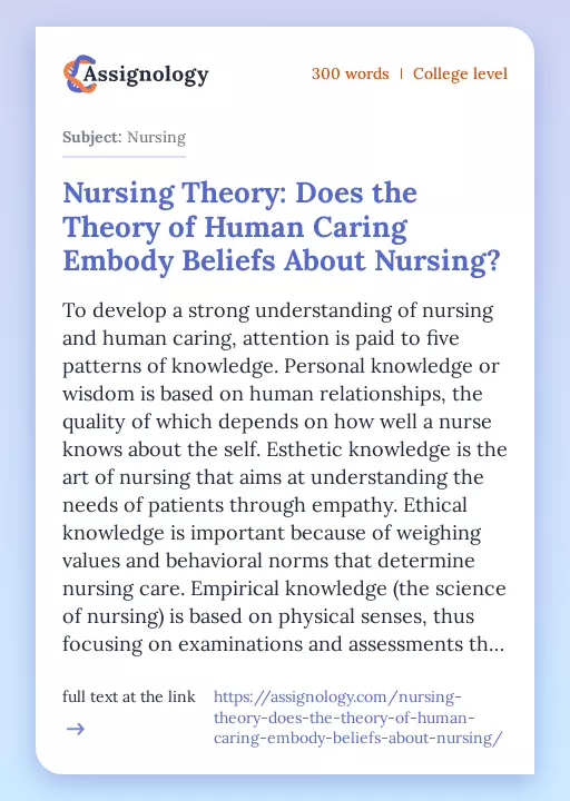 Nursing Theory: Does the Theory of Human Caring Embody Beliefs About Nursing? - Essay Preview