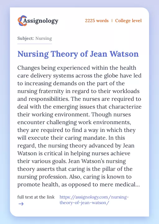 Nursing Theory of Jean Watson - Essay Preview