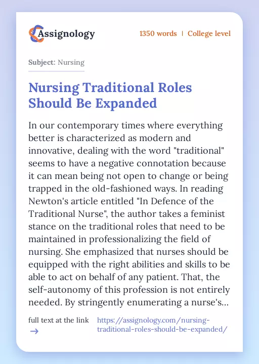 Nursing Traditional Roles Should Be Expanded - Essay Preview