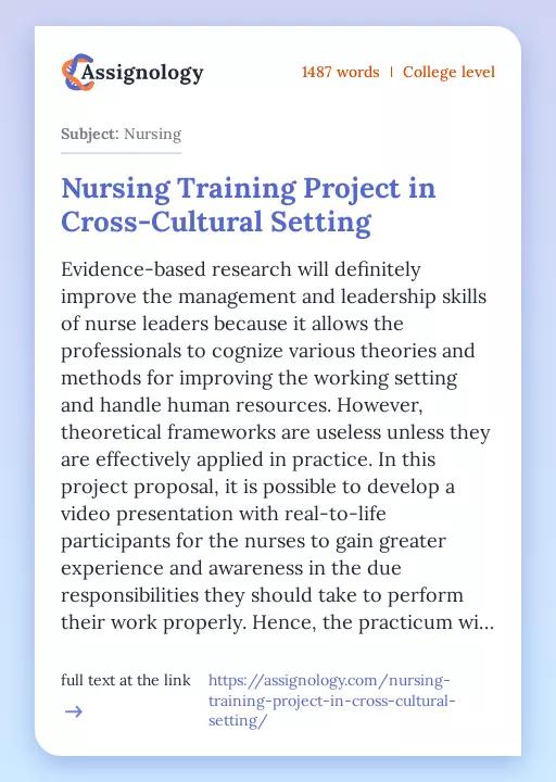 Nursing Training Project in Cross-Cultural Setting - Essay Preview