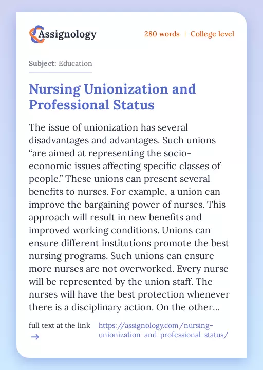 Nursing Unionization and Professional Status - Essay Preview