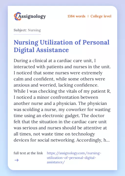 Nursing Utilization of Personal Digital Assistance - Essay Preview