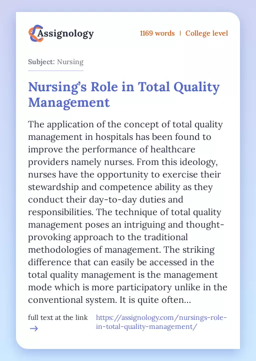 Nursing’s Role in Total Quality Management - Essay Preview