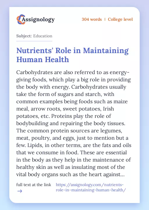 Nutrients' Role in Maintaining Human Health - Essay Preview