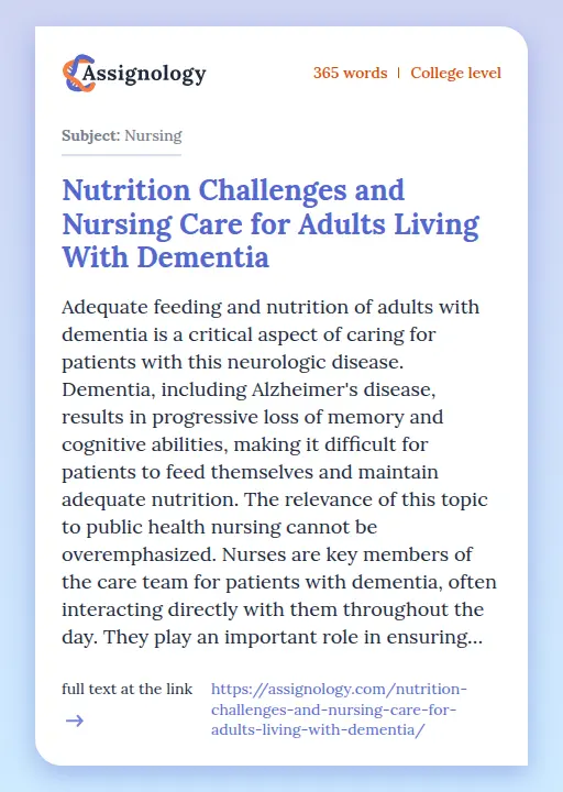 Nutrition Challenges and Nursing Care for Adults Living With Dementia - Essay Preview