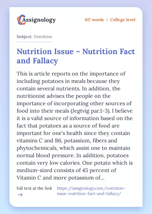 Nutrition Issue – Nutrition Fact and Fallacy - Essay Preview