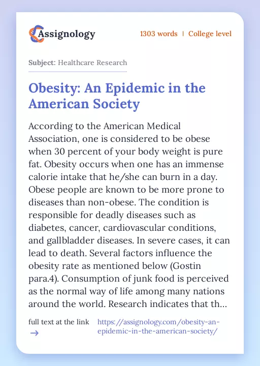 Obesity: An Epidemic in the American Society - Essay Preview