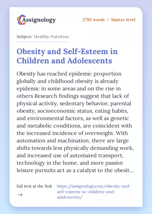 Obesity and Self-Esteem in Children and Adolescents - Essay Preview