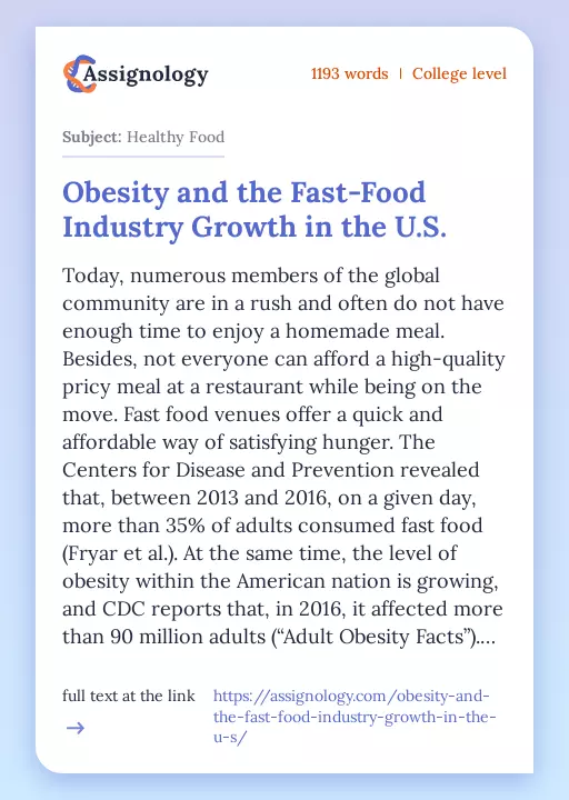 Obesity and the Fast-Food Industry Growth in the U.S. - Essay Preview