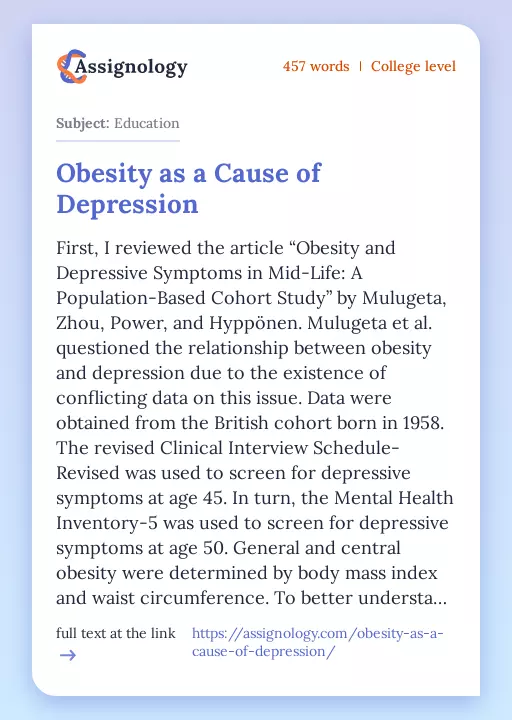 Obesity as a Cause of Depression - Essay Preview