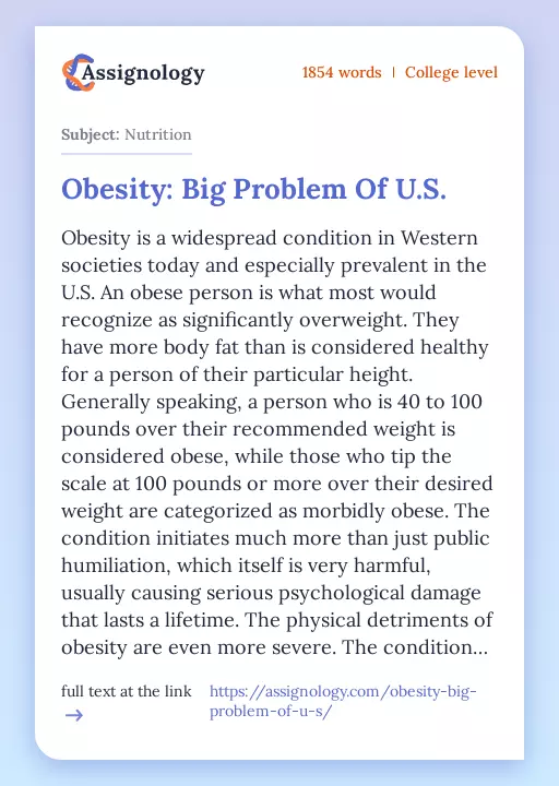 Obesity: Big Problem Of U.S. - Essay Preview