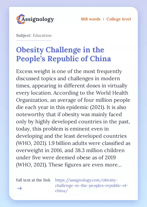 Obesity Challenge in the People’s Republic of China - Essay Preview