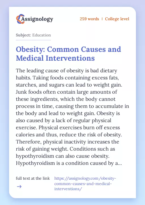 Obesity: Common Causes and Medical Interventions - Essay Preview