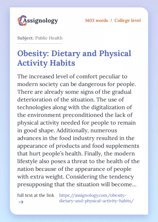 Obesity: Dietary and Physical Activity Habits - Essay Preview