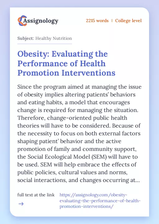 Obesity: Evaluating the Performance of Health Promotion Interventions - Essay Preview