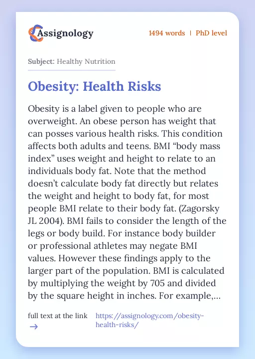 Obesity: Health Risks - Essay Preview