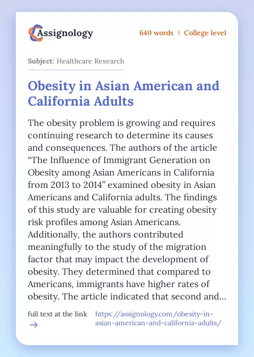 Obesity in Asian American and California Adults - Essay Preview