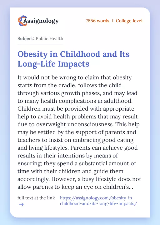 Obesity in Childhood and Its Long-Life Impacts - Essay Preview