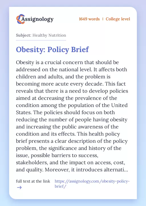 Obesity: Policy Brief - Essay Preview