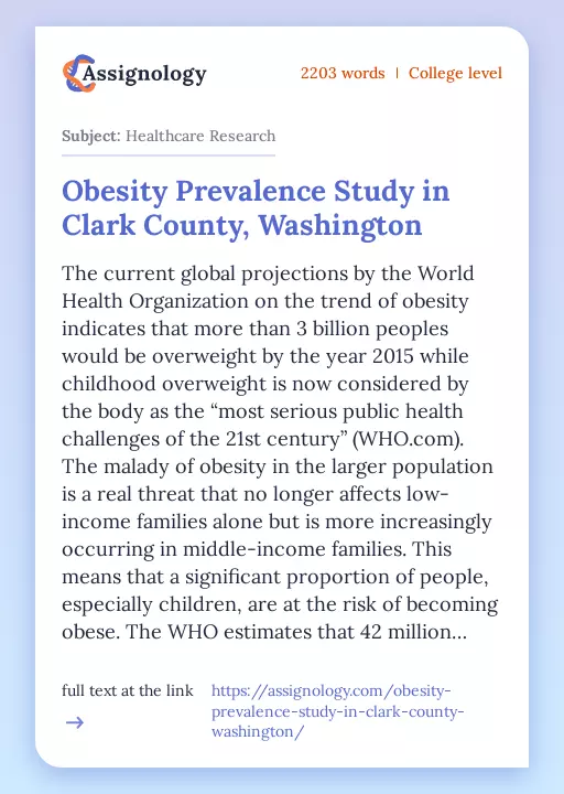 Obesity Prevalence Study in Clark County, Washington - Essay Preview