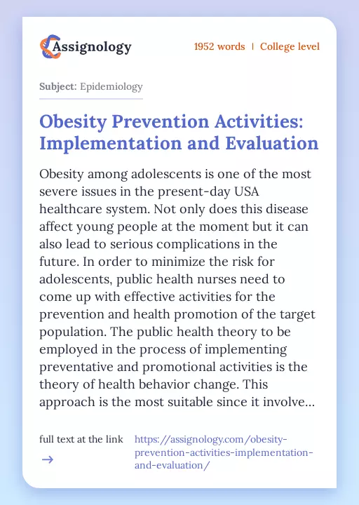 Obesity Prevention Activities: Implementation and Evaluation - Essay Preview