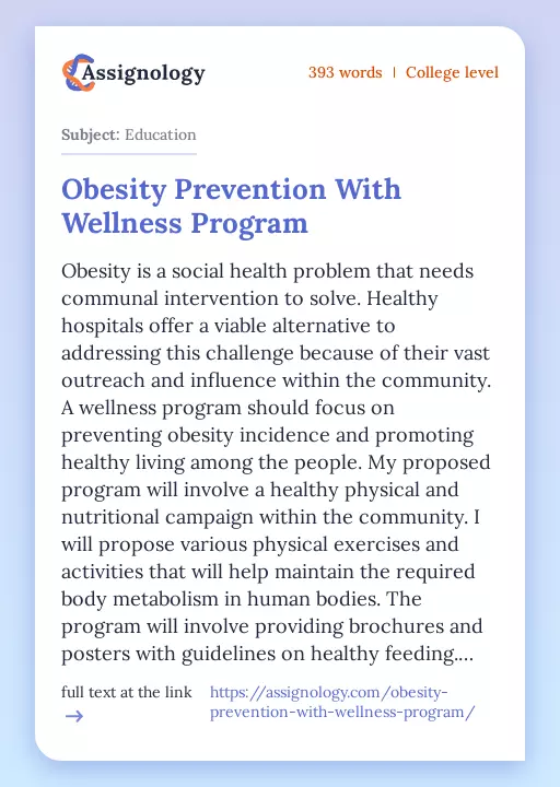 Obesity Prevention With Wellness Program - Essay Preview