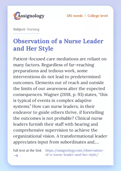 Observation of a Nurse Leader and Her Style - Essay Preview