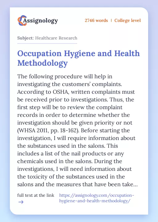 Occupation Hygiene and Health Methodology - Essay Preview