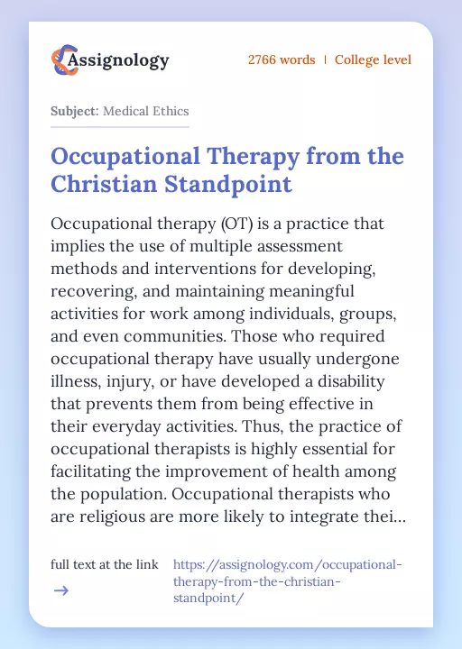 Occupational Therapy from the Christian Standpoint - Essay Preview