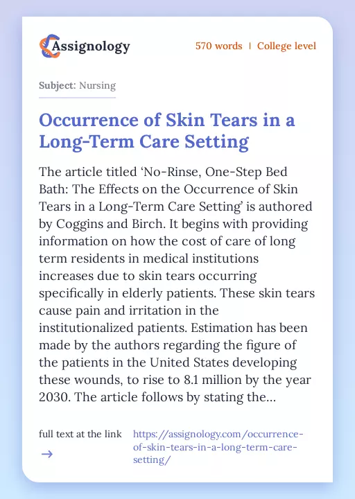 Occurrence of Skin Tears in a Long-Term Care Setting - Essay Preview