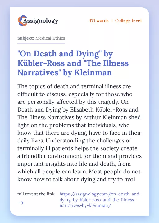 "On Death and Dying" by Kübler-Ross and "The Illness Narratives" by Kleinman - Essay Preview