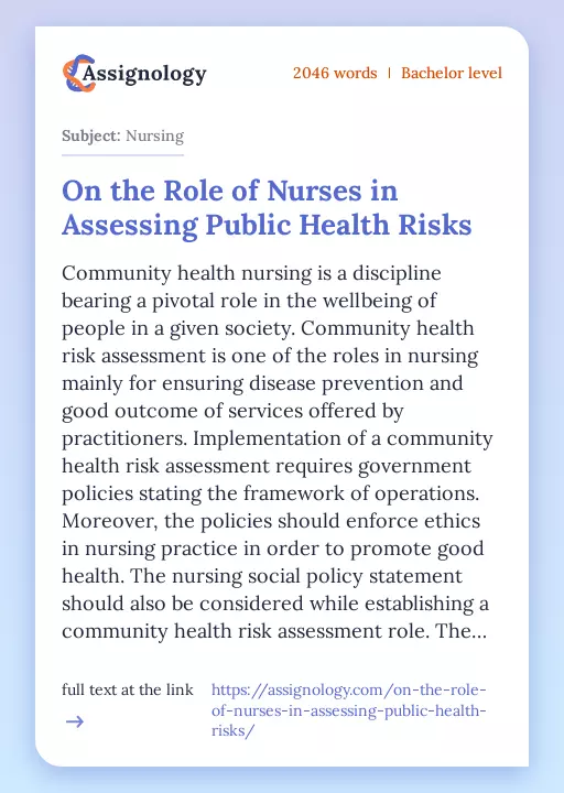 On the Role of Nurses in Assessing Public Health Risks - Essay Preview