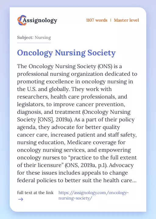 Oncology Nursing Society - Essay Preview
