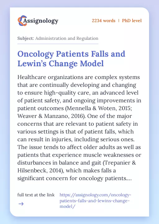 Oncology Patients Falls and Lewin’s Change Model - Essay Preview