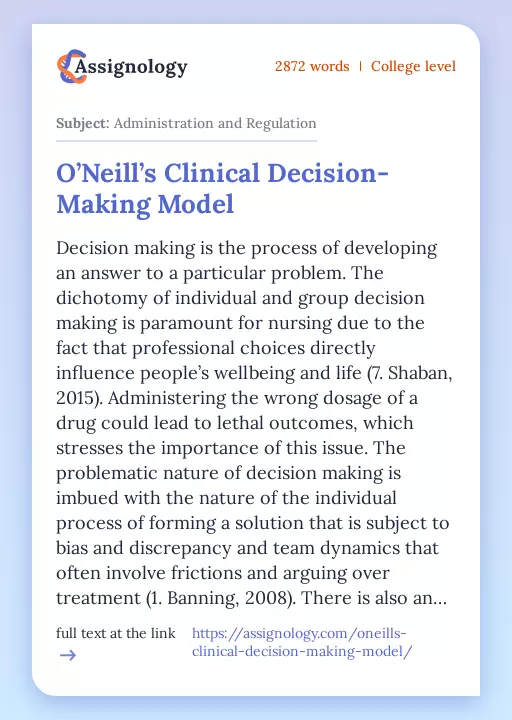 O’Neill’s Clinical Decision-Making Model - Essay Preview