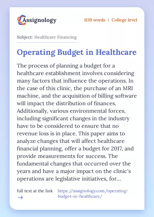 Operating Budget in Healthcare - Essay Preview