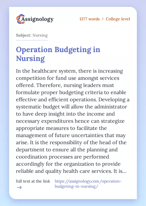Operation Budgeting in Nursing - Essay Preview