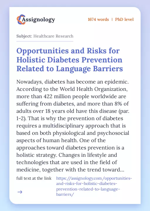 Opportunities and Risks for Holistic Diabetes Prevention Related to Language Barriers - Essay Preview