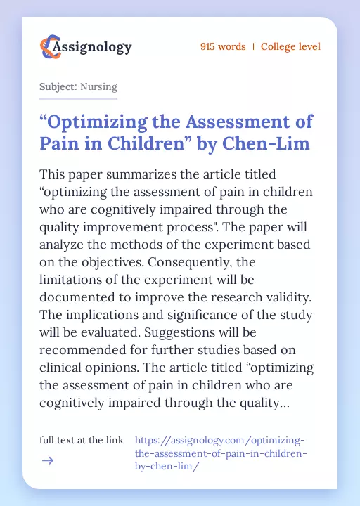 “Optimizing the Assessment of Pain in Children” by Chen-Lim - Essay Preview
