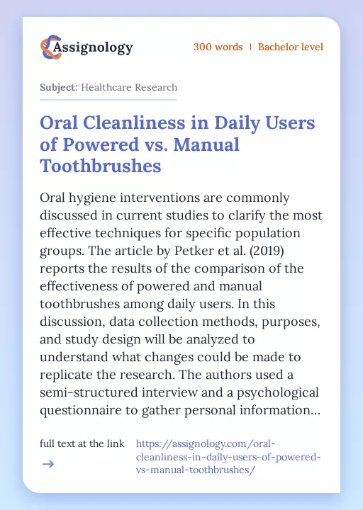 Oral Cleanliness in Daily Users of Powered vs. Manual Toothbrushes - Essay Preview