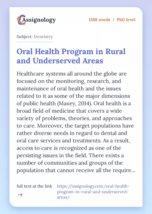 Oral Health Program in Rural and Underserved Areas - Essay Preview