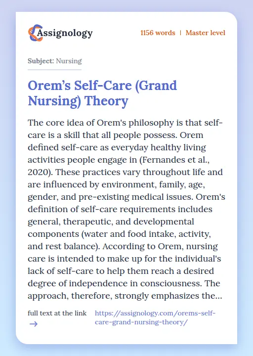Orem’s Self-Care (Grand Nursing) Theory - Essay Preview