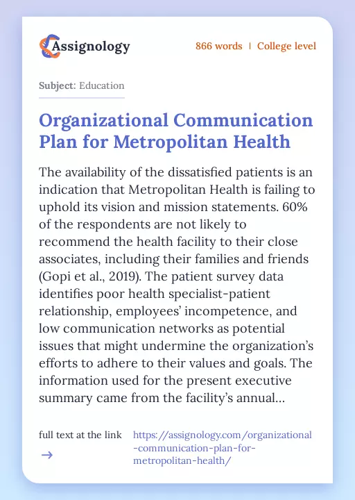 Organizational Communication Plan for Metropolitan Health - Essay Preview
