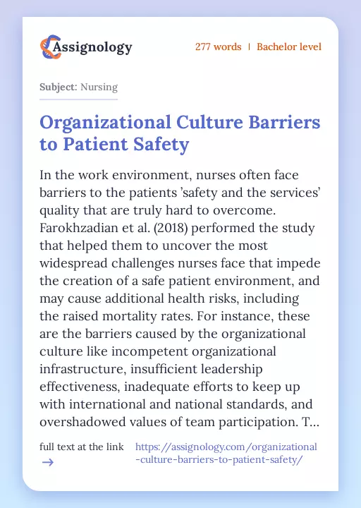 Organizational Culture Barriers to Patient Safety - Essay Preview