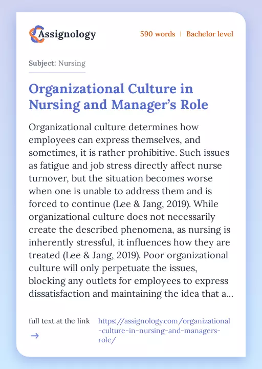 Organizational Culture in Nursing and Manager’s Role - Essay Preview